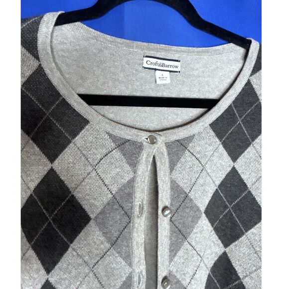 Women's Gray Argyle Long Sleeve Cardigan Sweater Twee Preppy Teacher Academia L - Picture 4 of 8